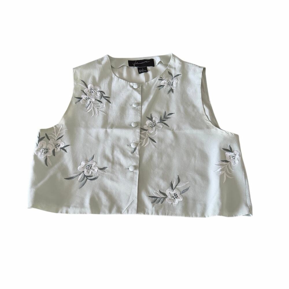 Vintage filament celery green embroidered floral button front 100% silk top Med